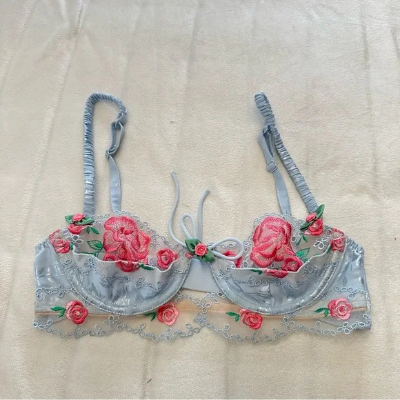 New! For Love And Lemons Blue Vintage Rose Eyelet Bra Size 32A 51325